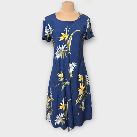 Paradise Found Hawaiian Tropical Mini Dress M Floral Blue Multi Vintage EUC - Picture 2 of 6